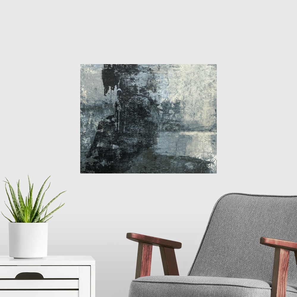 A modern room featuring This industrial abstract consists of blue and gray shades with erratically placed fibrous strands...