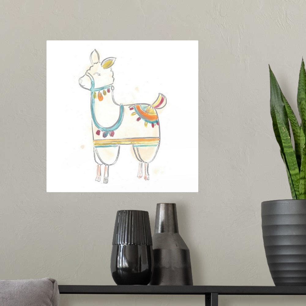 A modern room featuring This decorative artwork features an adorable llama painted with a colorful saddle and reins again...
