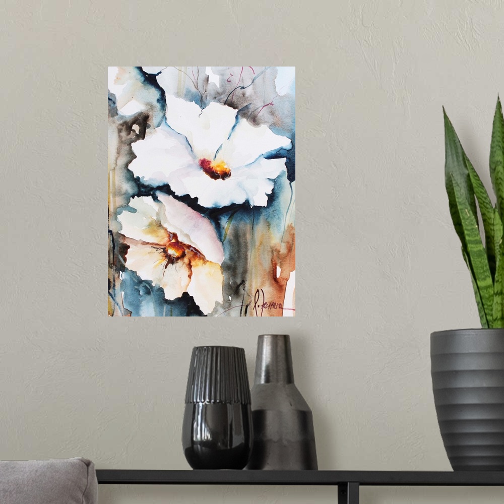 A modern room featuring Watercolor painting of white flowers against a colorful background.