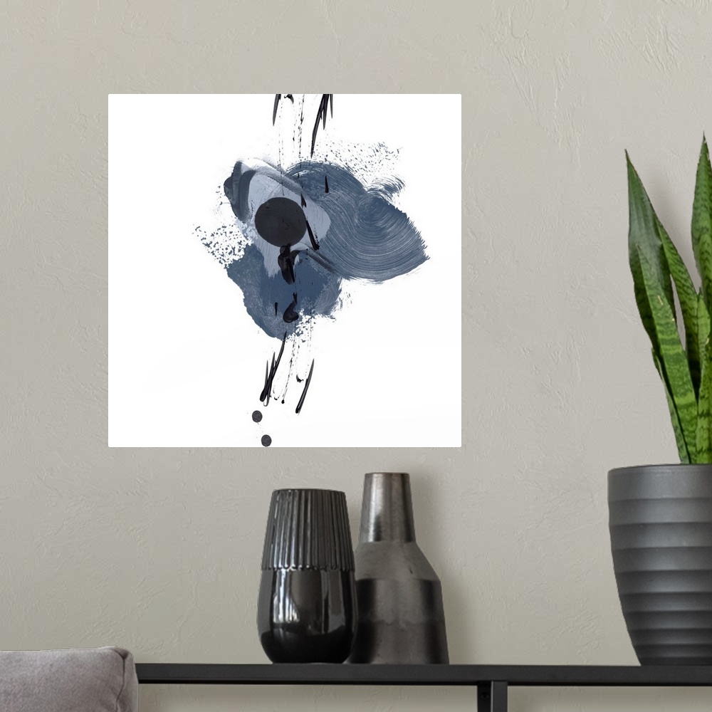 A modern room featuring This expressive abstract painting features black paint splatters over broad brush strokes in shad...