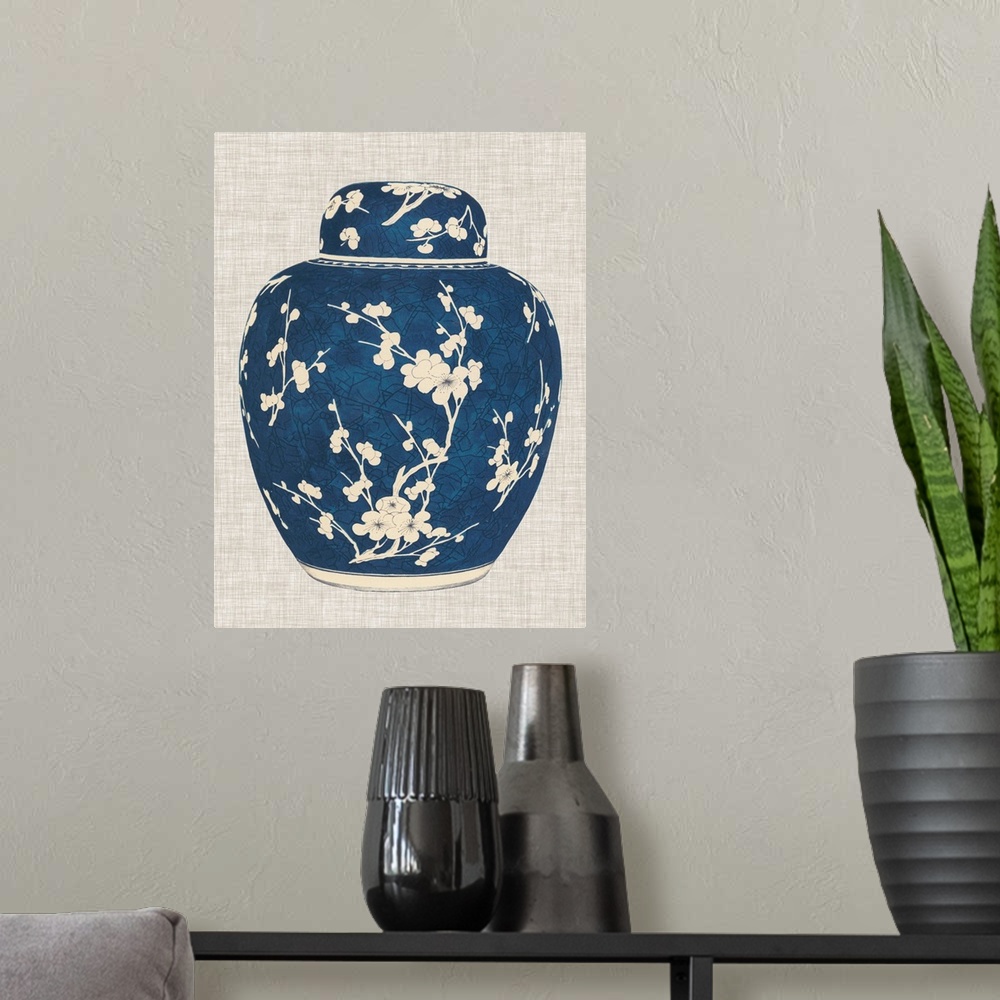 A modern room featuring Blue and White Ginger Jar on Linen I