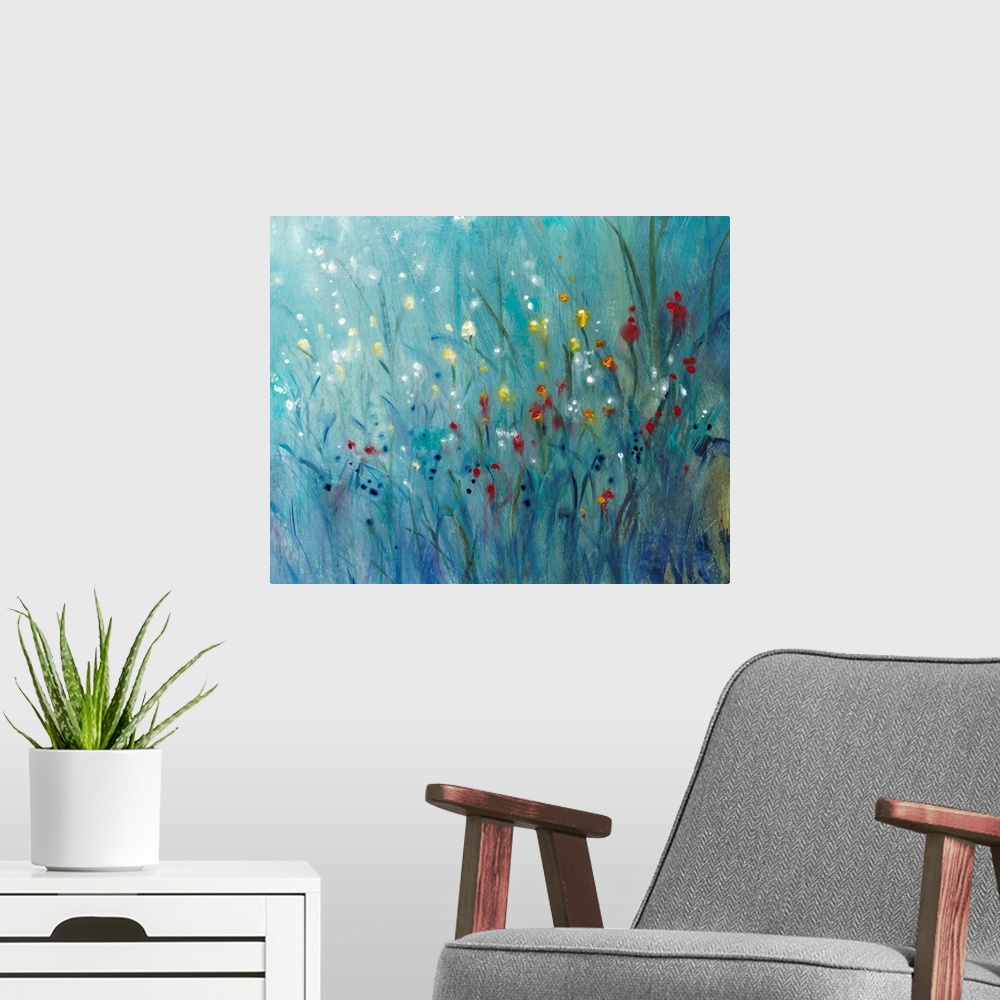 A modern room featuring Contemporary painting of small, brightly colored wildflowers contrasted against dark grass.