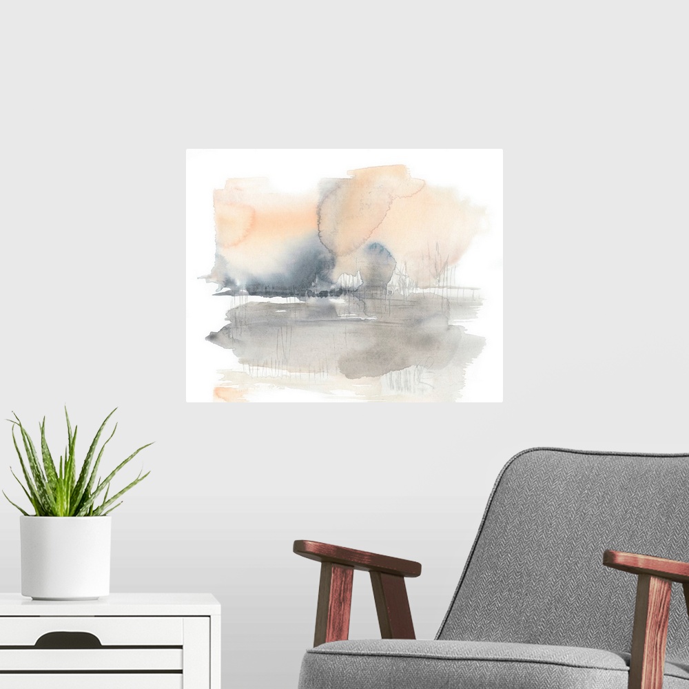 A modern room featuring A light, watercolor abstract in shades of peach and grey is reminiscent of a landscape.