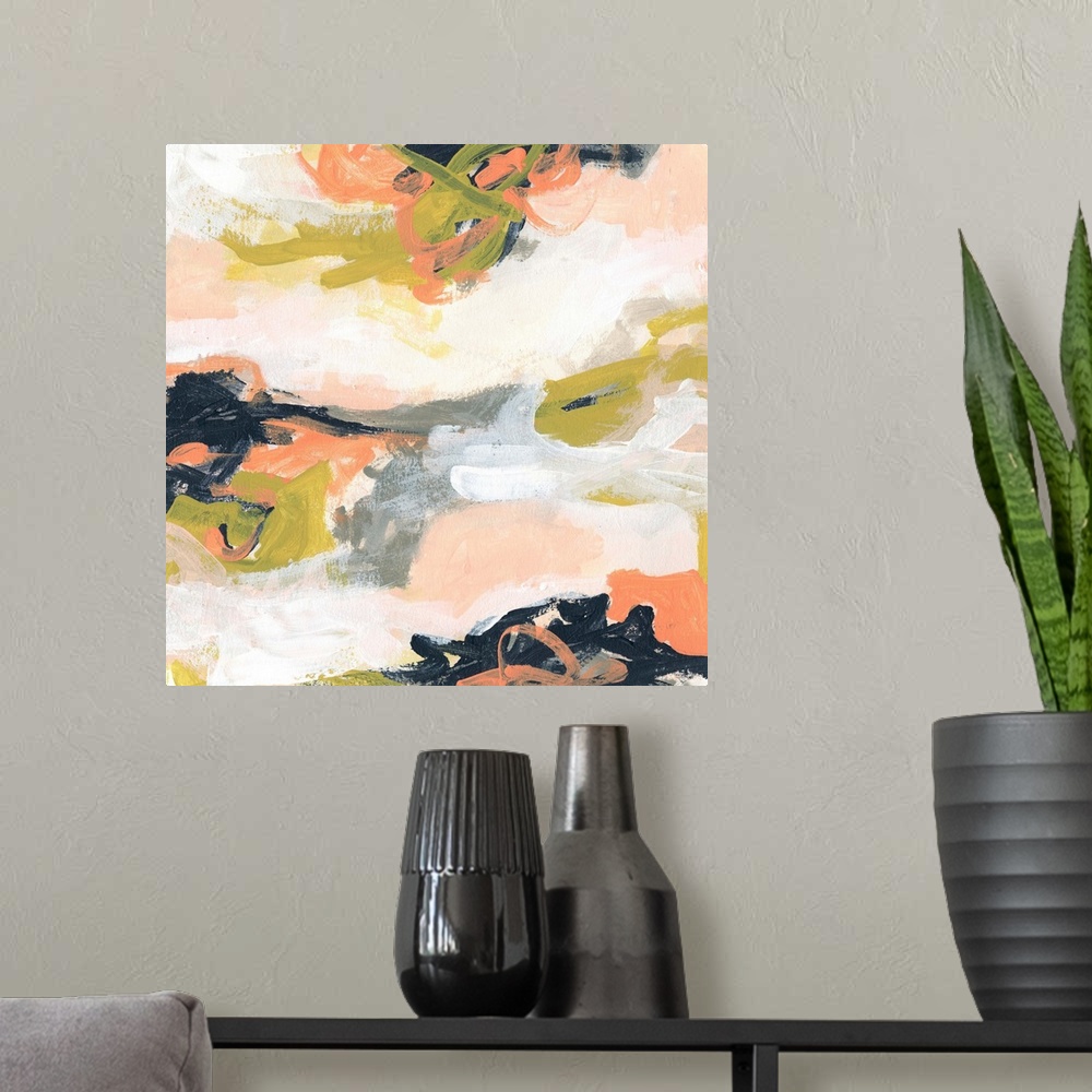 A modern room featuring Contemporary abstract painting in blush, olive, and navy.