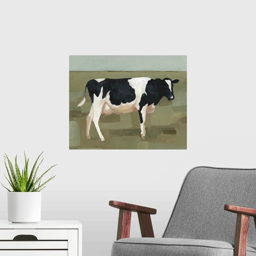 A modern room featuring Contemporary painting of a black and white cow standing in a field of spotted shades of green.