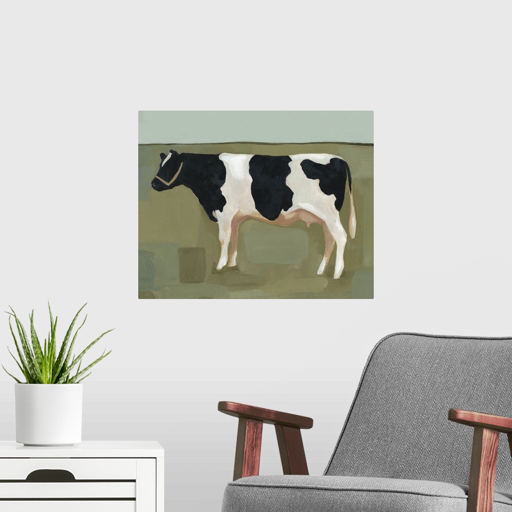 A modern room featuring Contemporary painting of a black and white cow standing in a field of spotted shades of green.