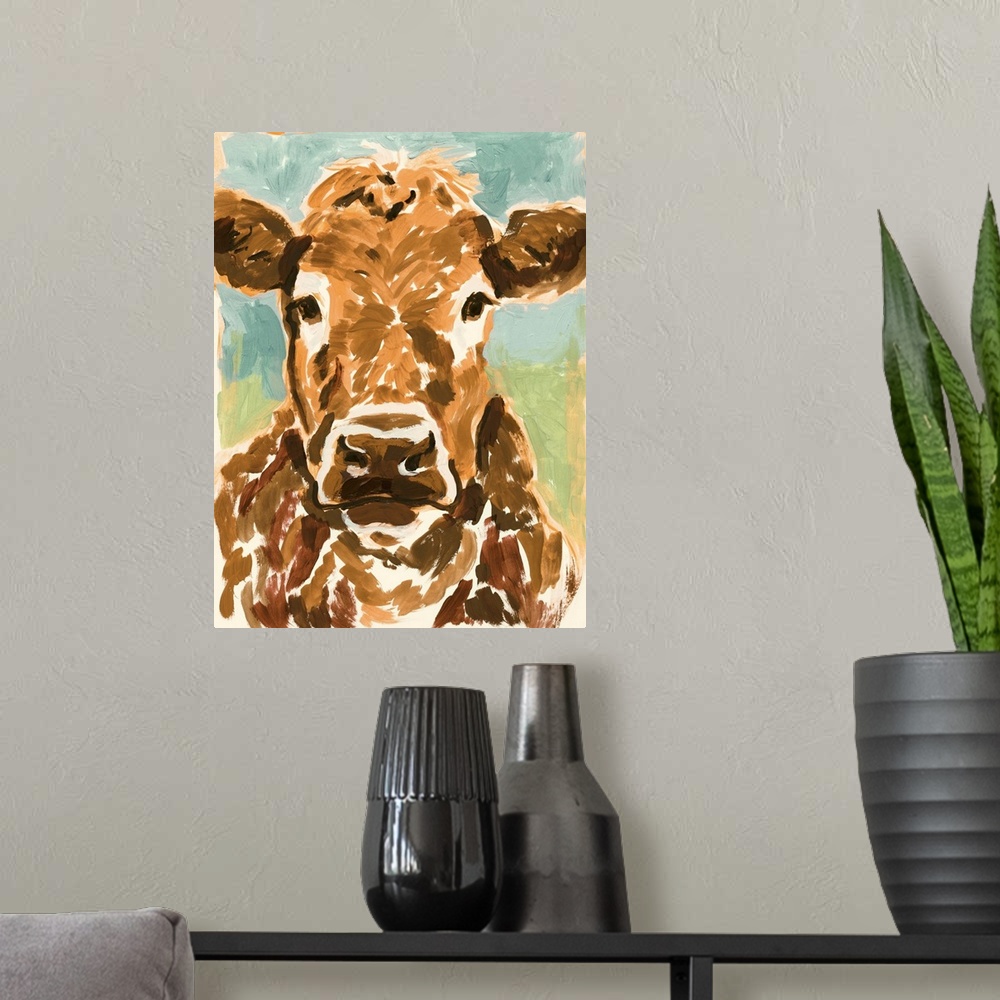 A modern room featuring Brown Cow Portrait I