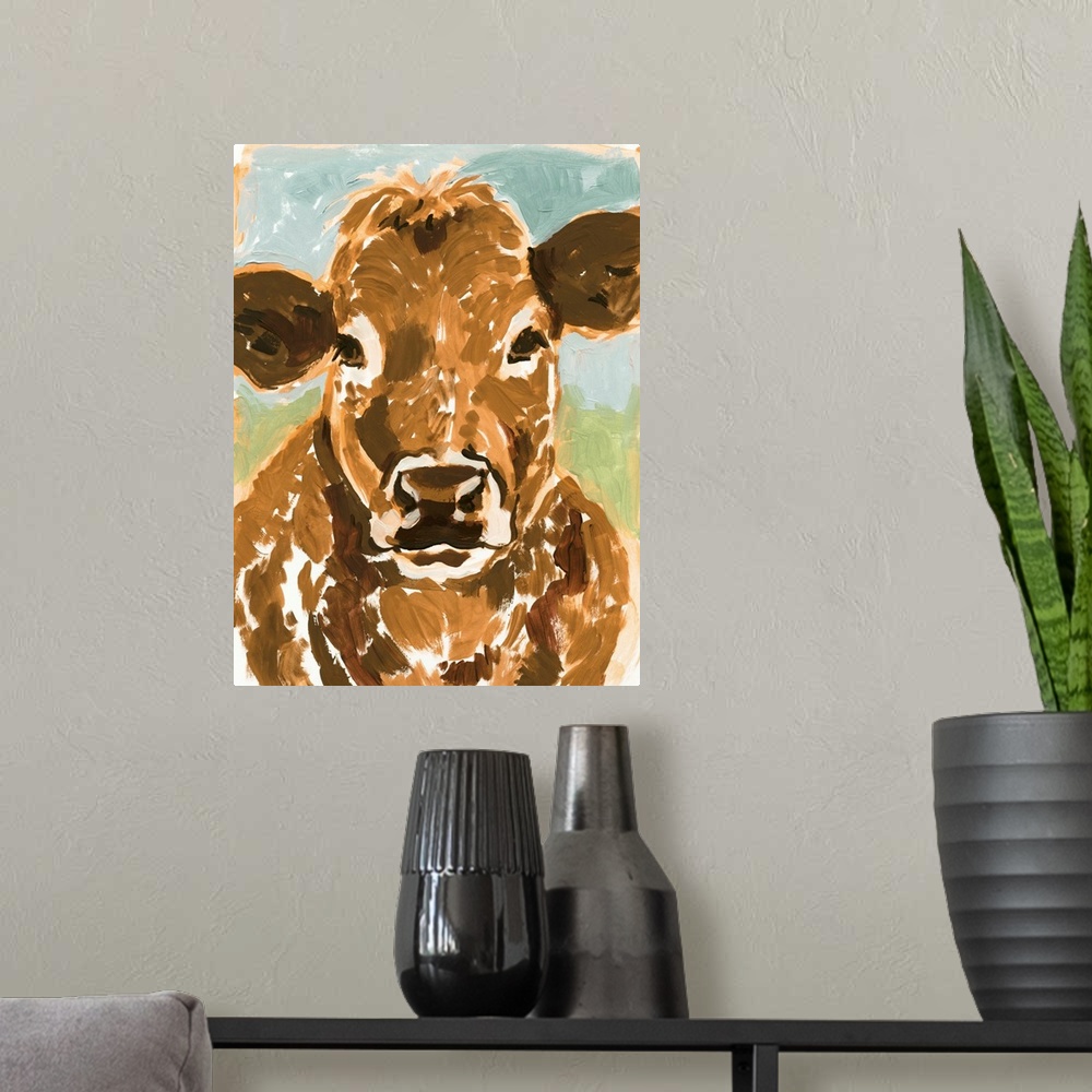 A modern room featuring Brown Cow Portrait II