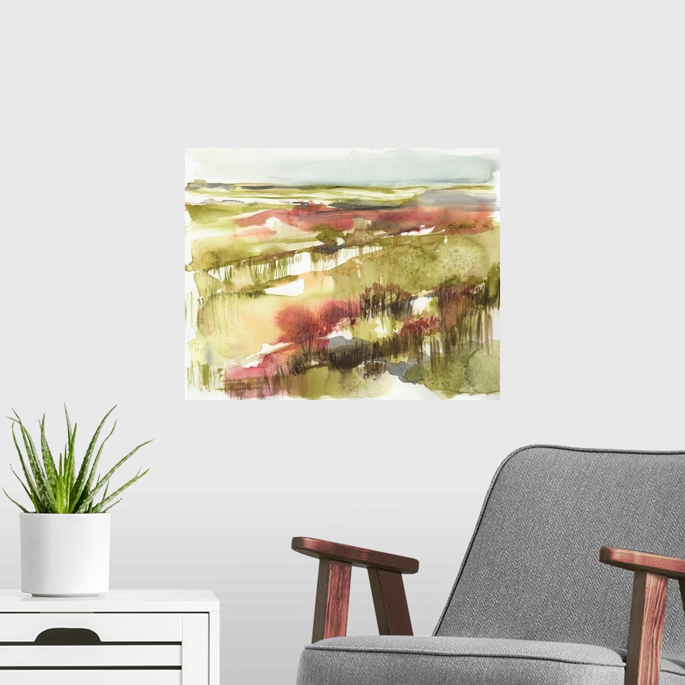 A modern room featuring An abstract watercolor landscape in shades of olive and persimmon, suggestive of grasses growing ...