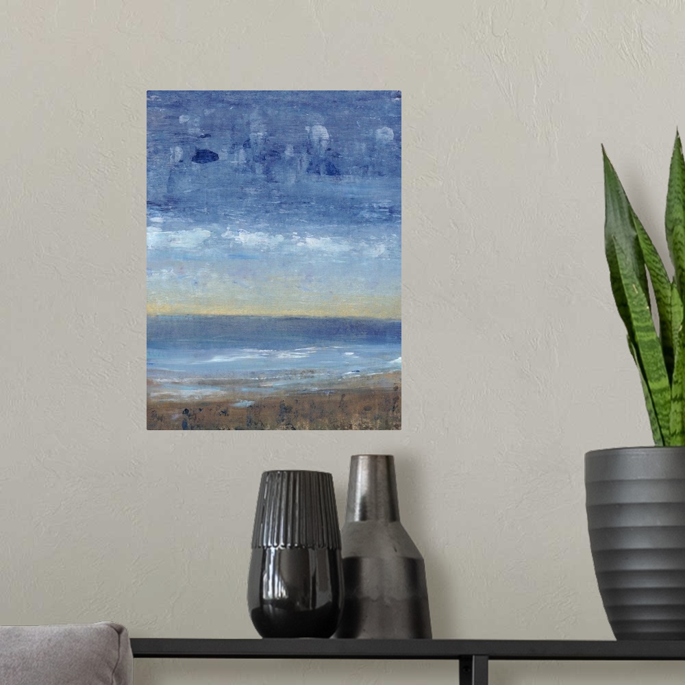 A modern room featuring Contemporary painting of a coastal vista in the evening.