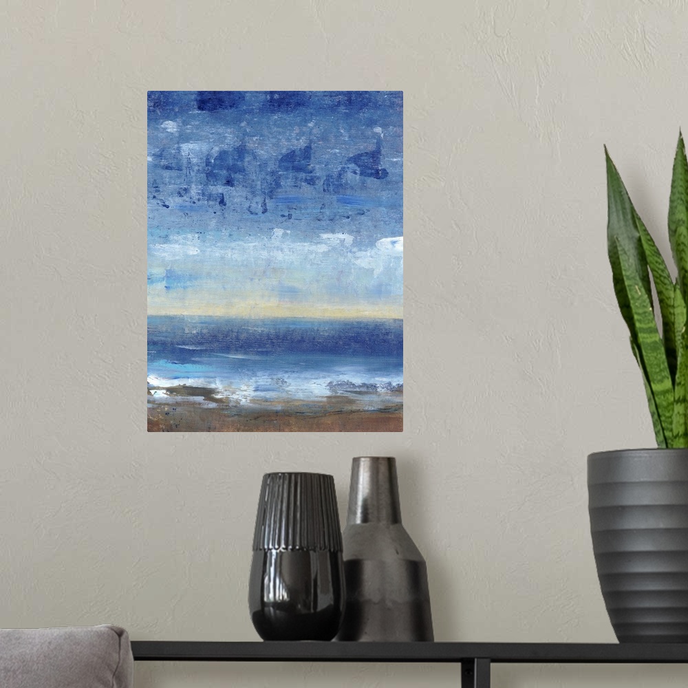 A modern room featuring Contemporary painting of a coastal vista in the evening.