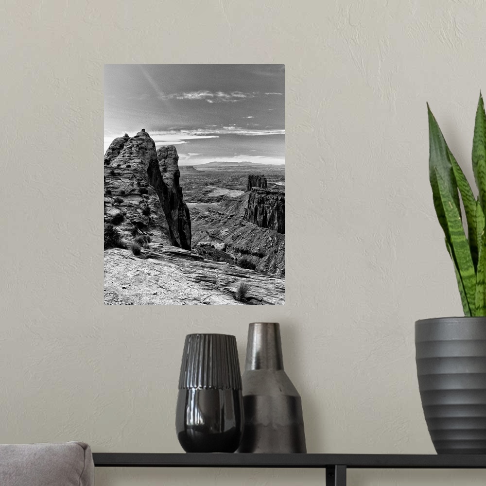 A modern room featuring Black and white photograph of Canyonlands National Park.