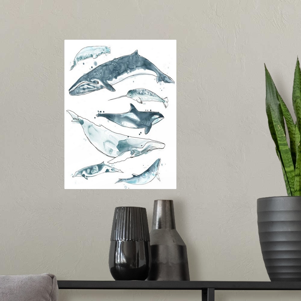 A modern room featuring Fun contemporary watercolor drawing of whales in various shades of blue.