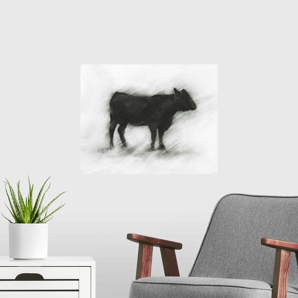 A modern room featuring Charcoal artwork of a bovine silhouette against a white background.