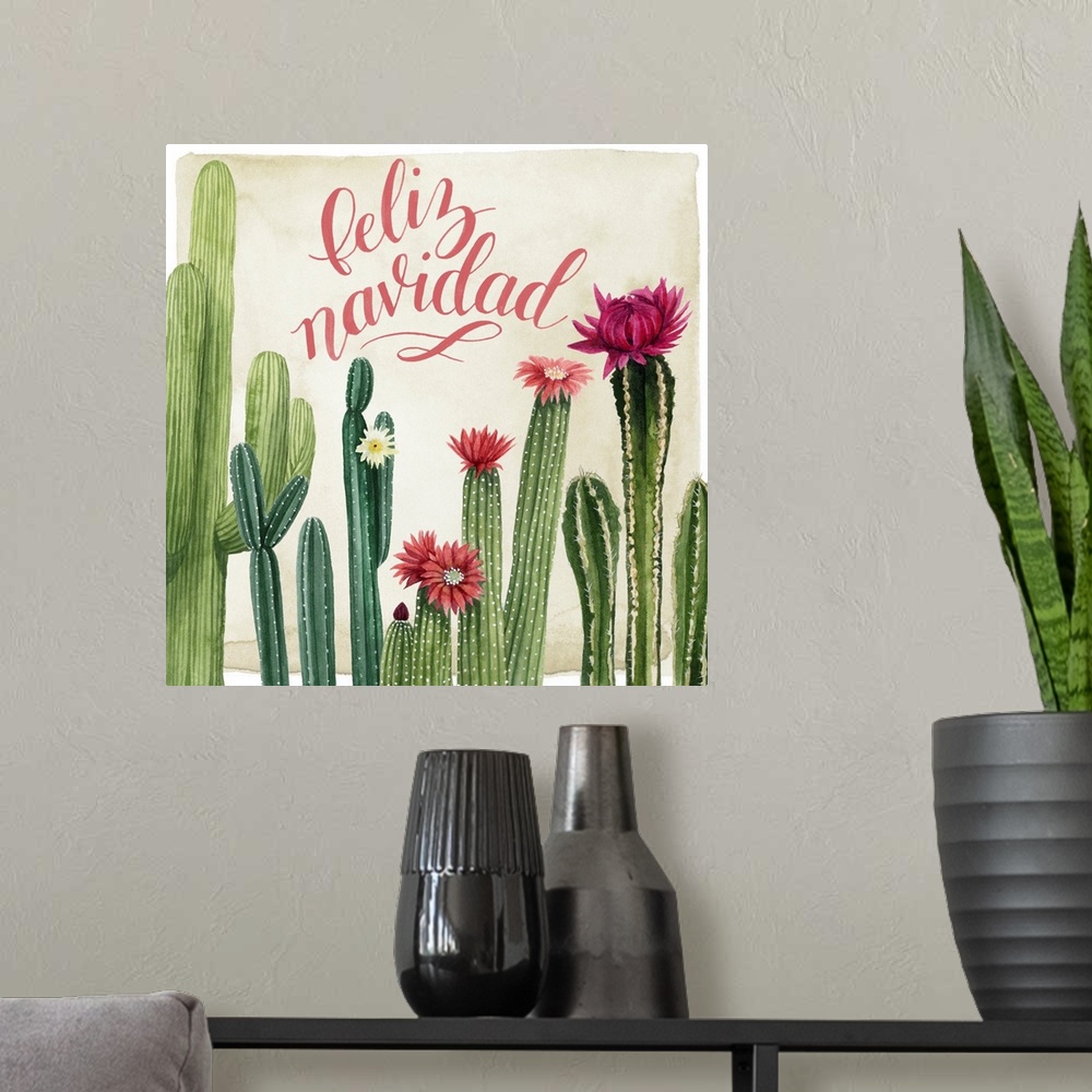 A modern room featuring A clever holiday design of "Feliz Navidad" above a row of blooming cactus.