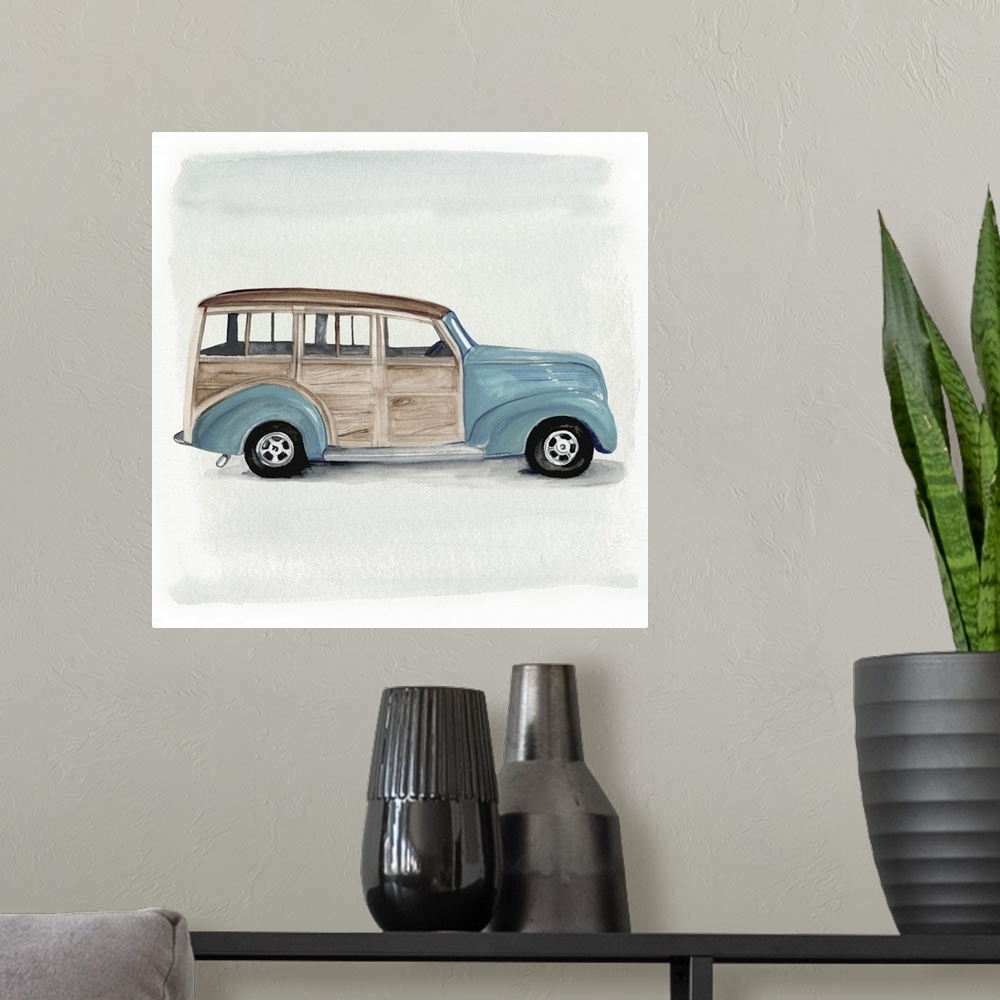 A modern room featuring Decorative artwork of a classic blue woody station wagon on gray and white backdrop.
