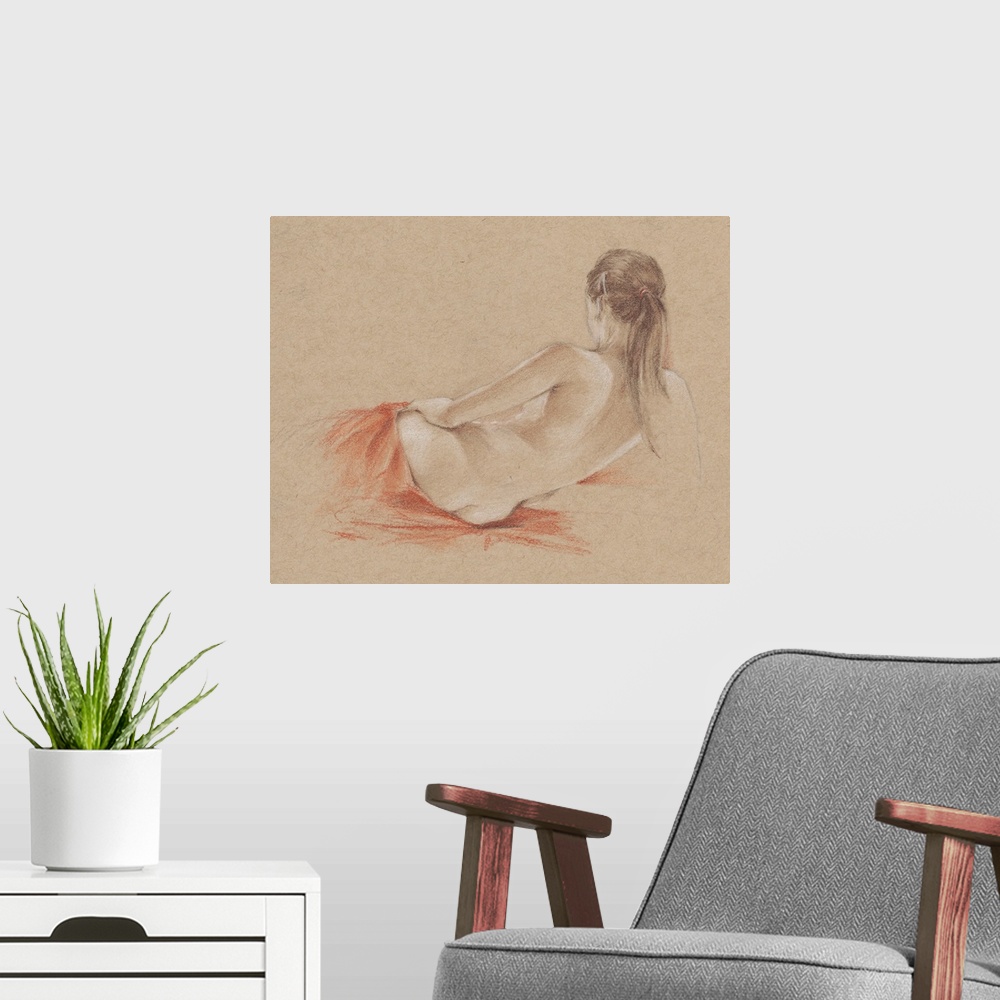 A modern room featuring Figure drawing of a nude woman, seen from the back.