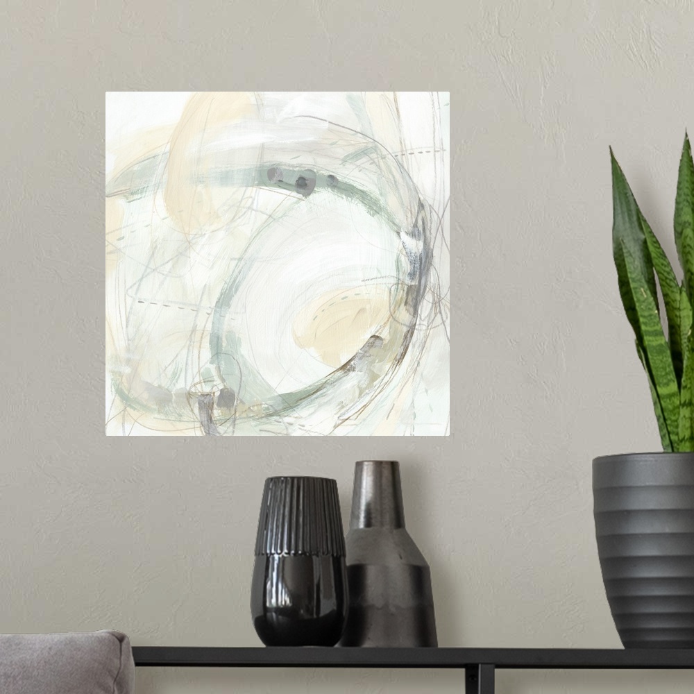 A modern room featuring Swirling abstract artwork in pale neutral tones.