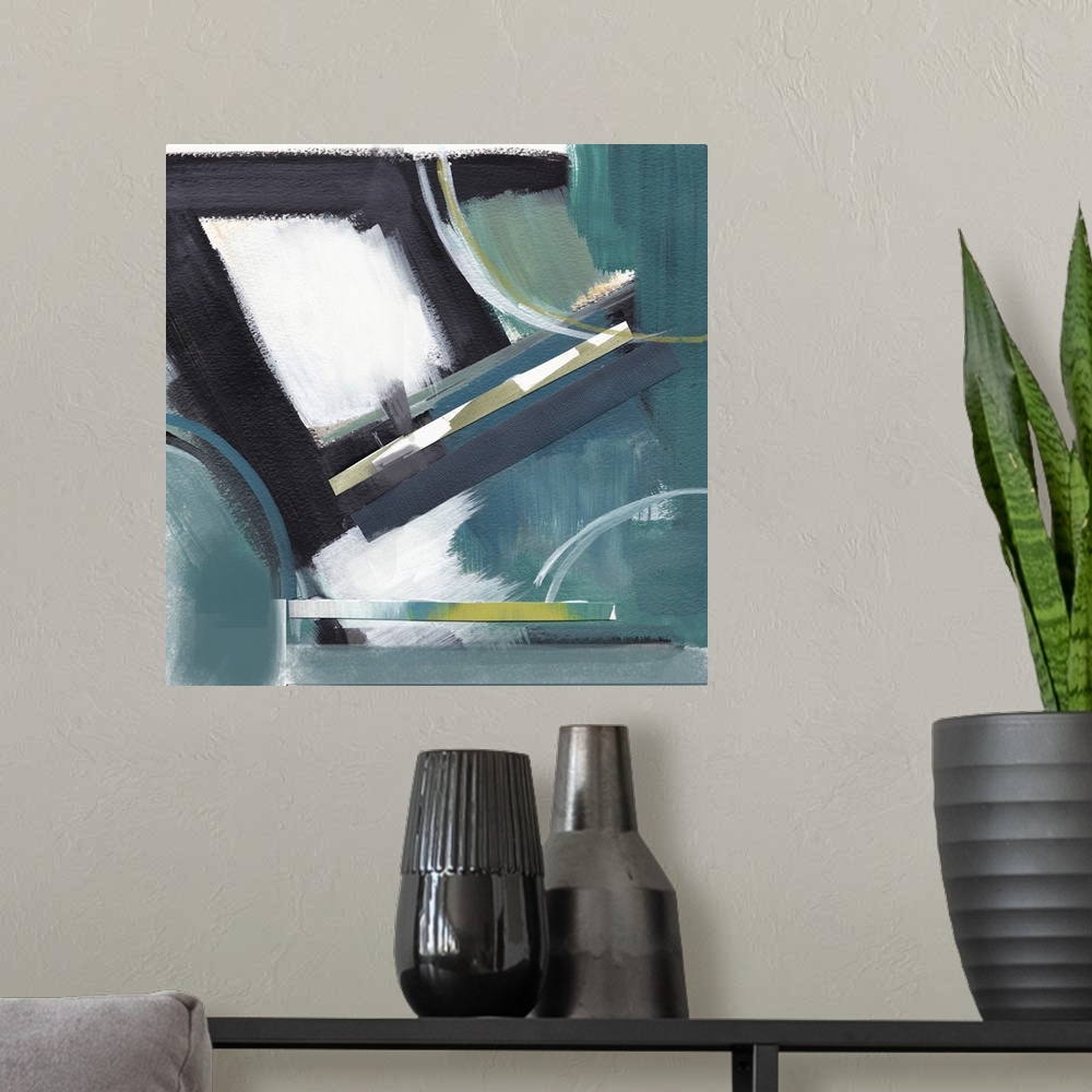 A modern room featuring Square abstract art in shades of blue, green, white, and black with some pieces glued on top crea...