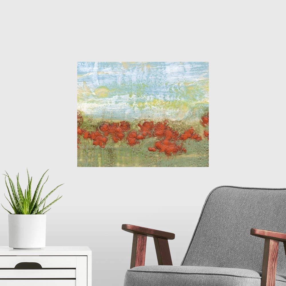 A modern room featuring Contemporary painting of a field of red poppies.