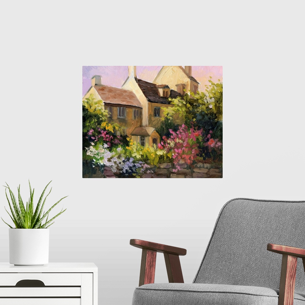 A modern room featuring Contemporary painting of a countryside cottage scene.