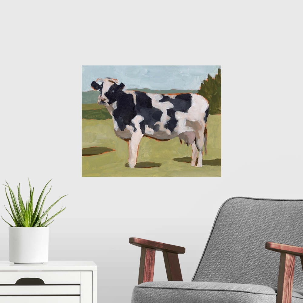 A modern room featuring Cow Portrait II