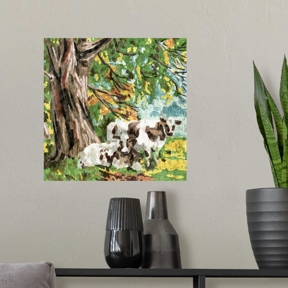 A modern room featuring Cows Under A Tree II
