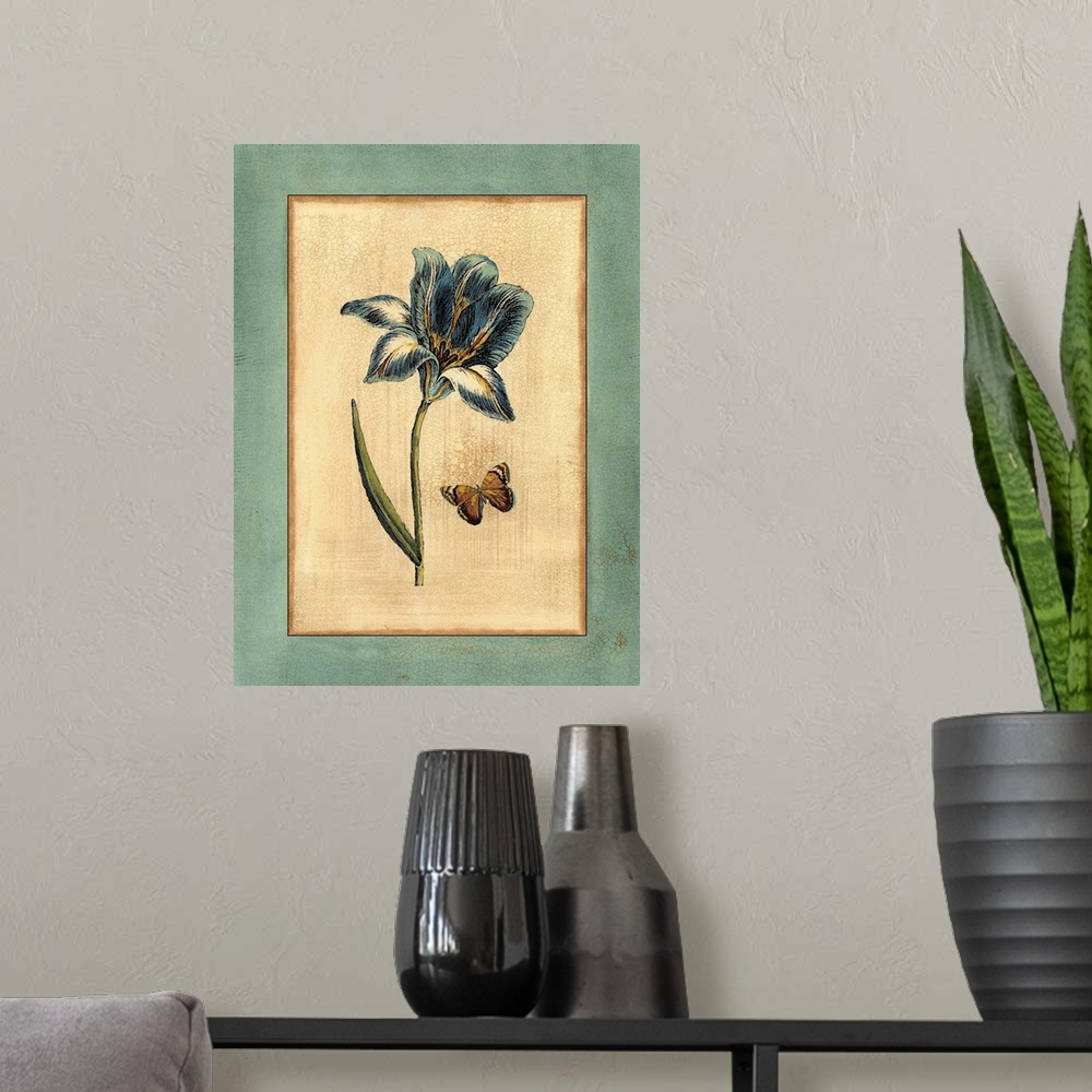 A modern room featuring Contemporary artwork of a blue tulip with a butterfly in a vintage illustrative style.