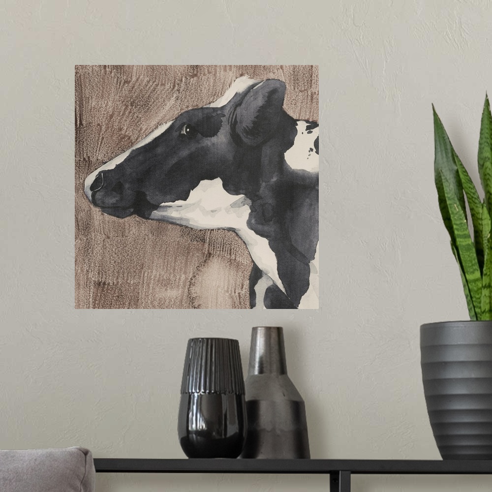 A modern room featuring Dairy Cow Portrait II