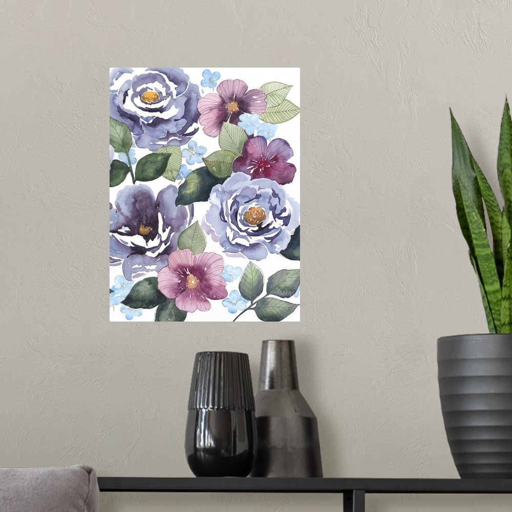 A modern room featuring Watercolor painting of several purple peonies and green leaves.