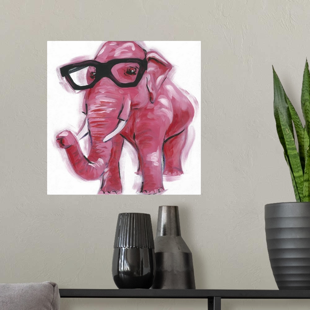 A modern room featuring A engaging portrait of a pink elephant wearing black glasses on a white background.