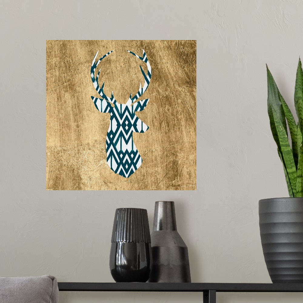 A modern room featuring Patterned deer silhouette on a gold background.