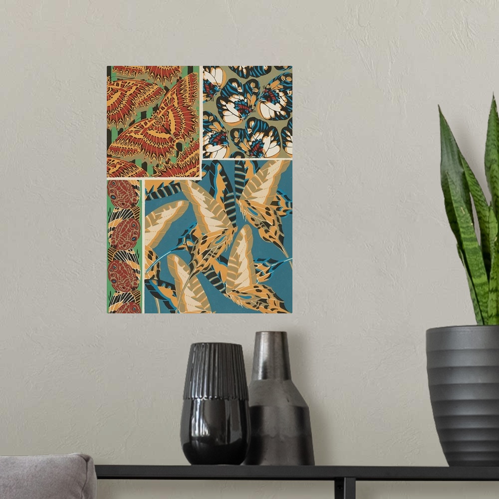A modern room featuring A decorative collage of varies types of butterflies in colorful patterns.
