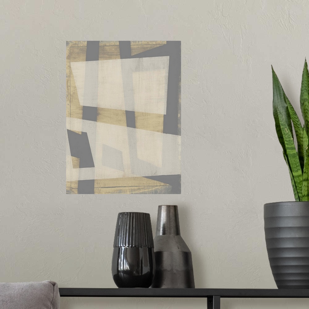 A modern room featuring This contemporary artwork displays neutral tones in angular geometric shapes with varying opacity.