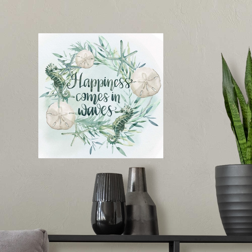 A modern room featuring Beach-themed wreath with text "Happiness comes in waves" in watercolor.