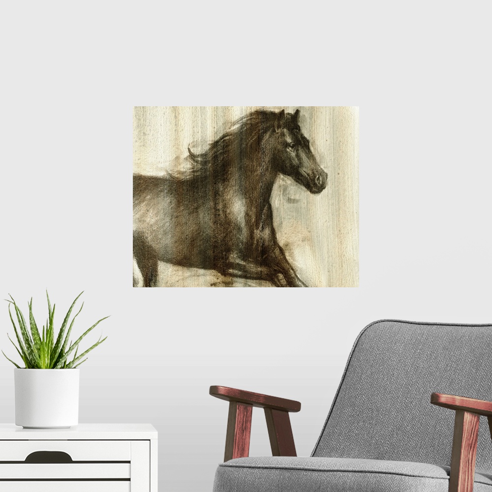 A modern room featuring Contemporary artwork of a dark horse galloping.