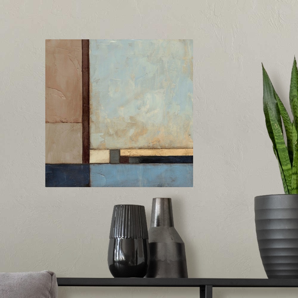 A modern room featuring Contemporary abstract painting of muted geometric shapes.