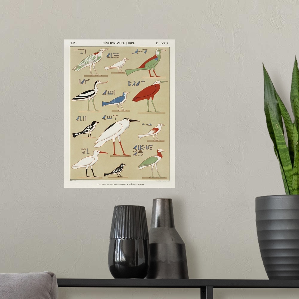 A modern room featuring Egyptian Bird Charts II