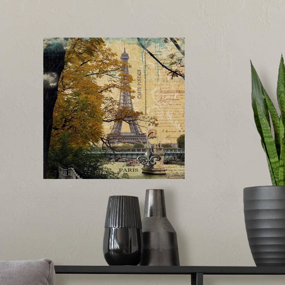 A modern room featuring Travel collage of the Eiffel Tower, decorated with french text.