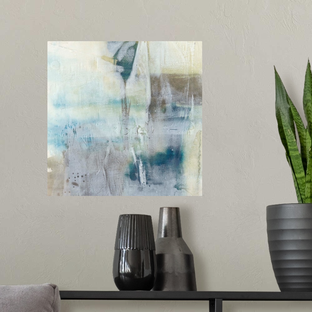 A modern room featuring Contemporary abstract art print in pale blue and tan shades, with a washed out effect.