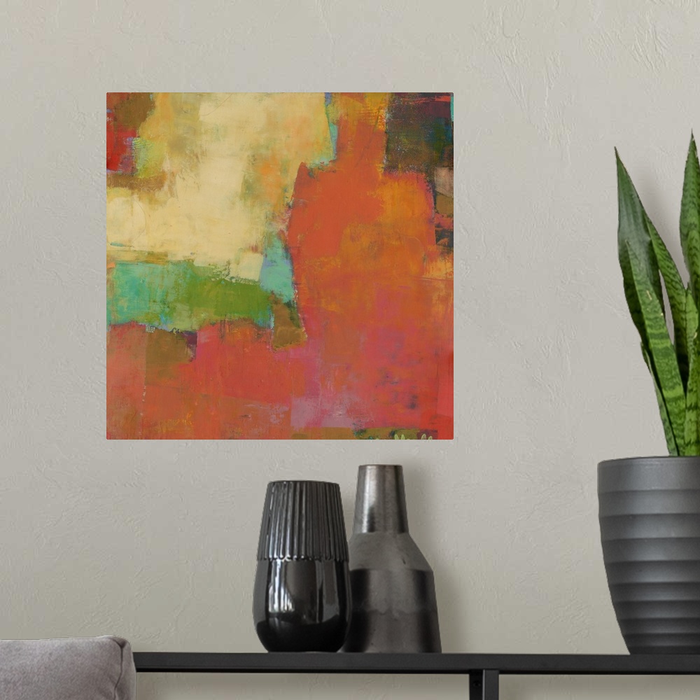 A modern room featuring Square abstract artwork made with vibrant colors.