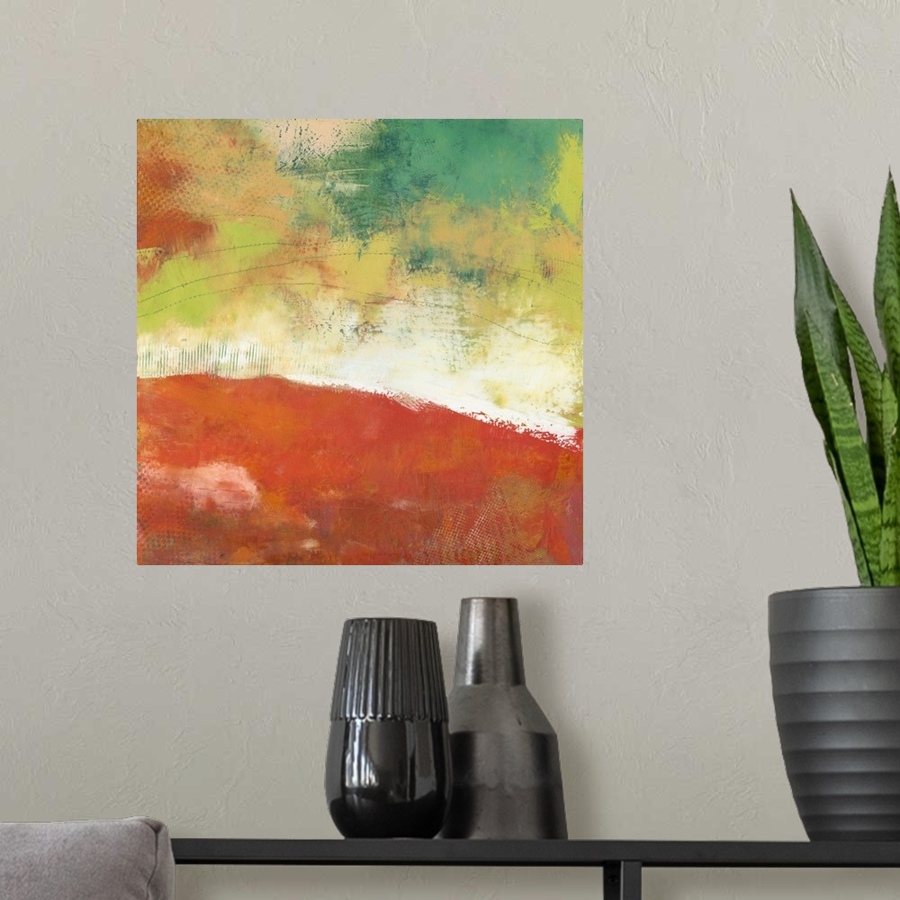 A modern room featuring Square abstract artwork made with vibrant colors.