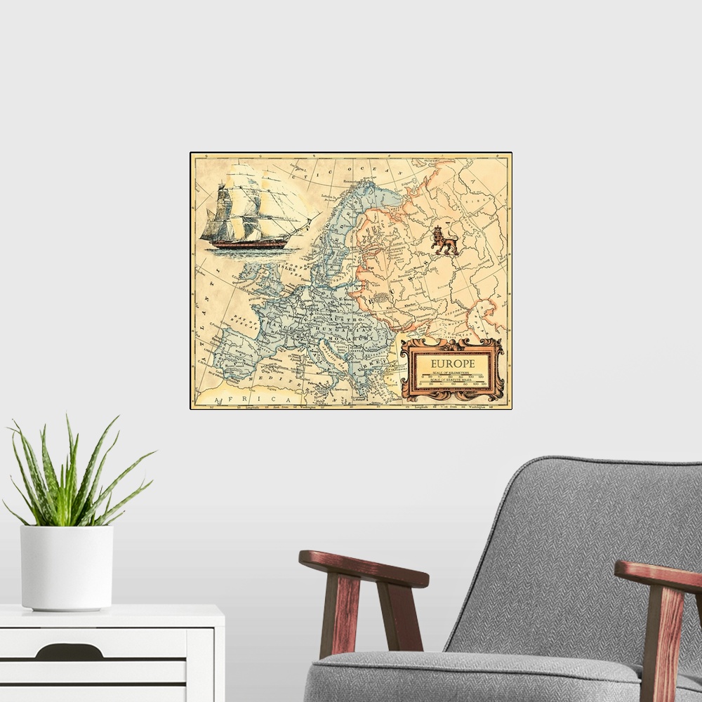 A modern room featuring Europe Map