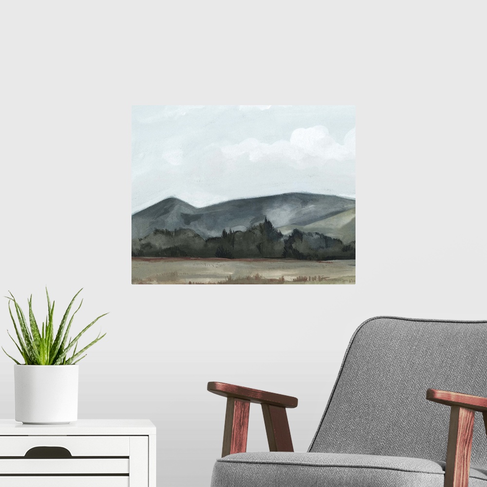 A modern room featuring Contemporary painting of a country field with mountains in the background, all in a dull appearance.