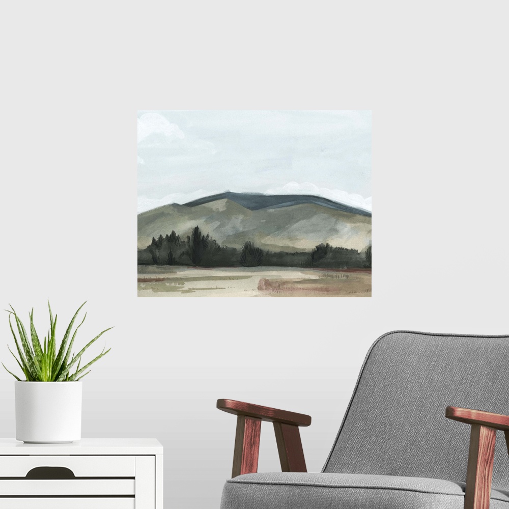 A modern room featuring Contemporary painting of a country field with mountains in the background, all in a dull appearance.