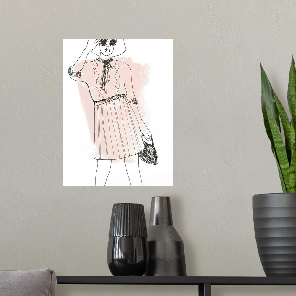 A modern room featuring Black and white fashion sketch on a white background with blush pink brushstrokes.