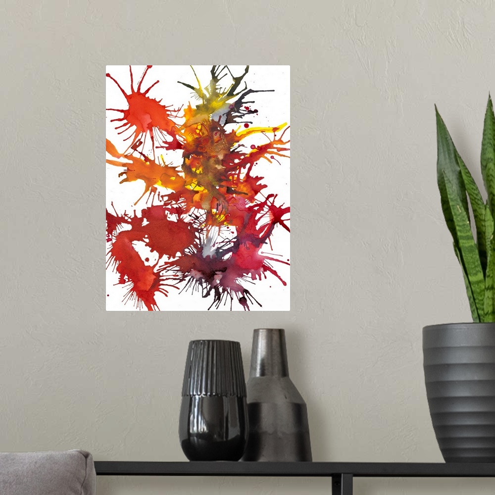 A modern room featuring Abstract painting of splattered paint in deep red and orange, resembling fireworks.