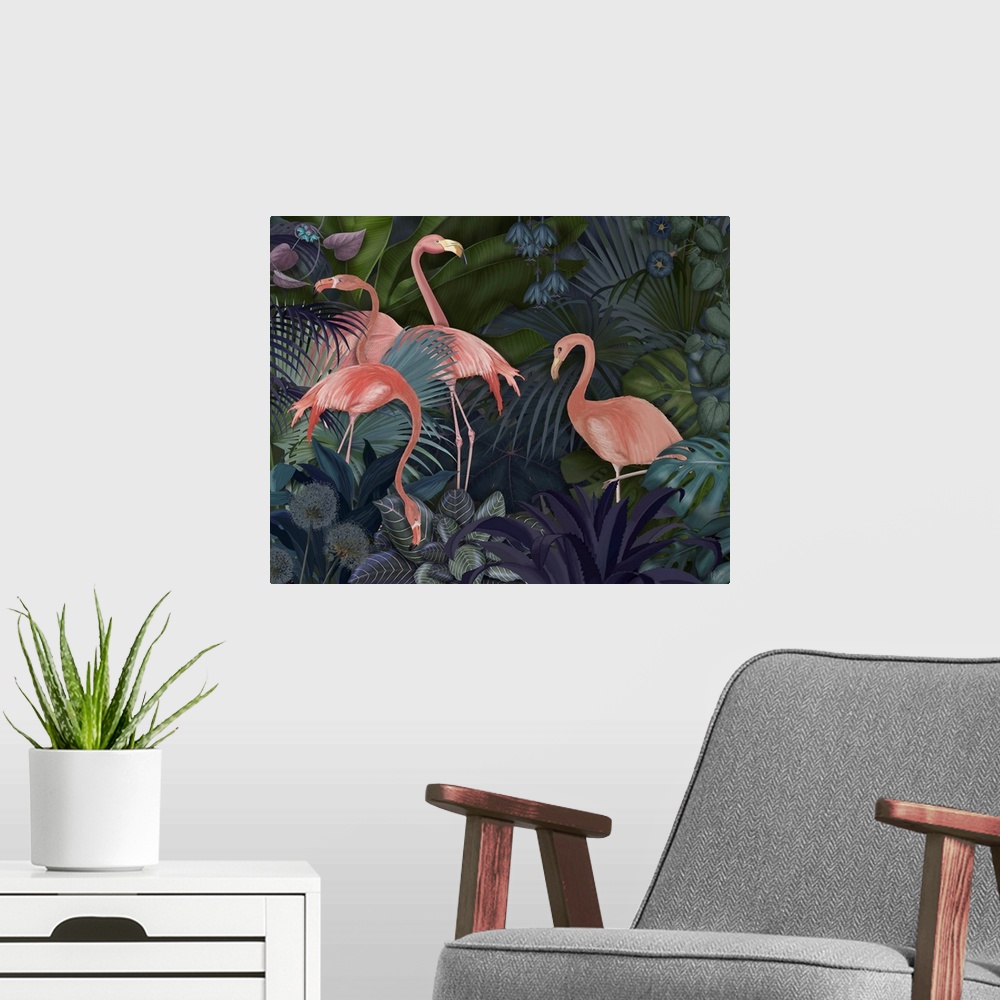 A modern room featuring Flamingos in Blue Garden