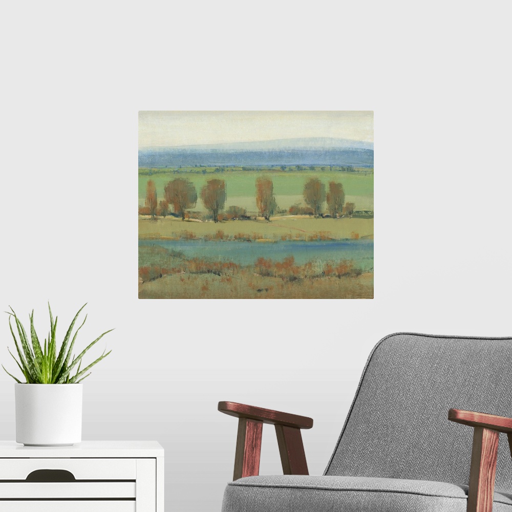 A modern room featuring Horizontal brush strokes create this contemporary artwork of a relaxing countryside.