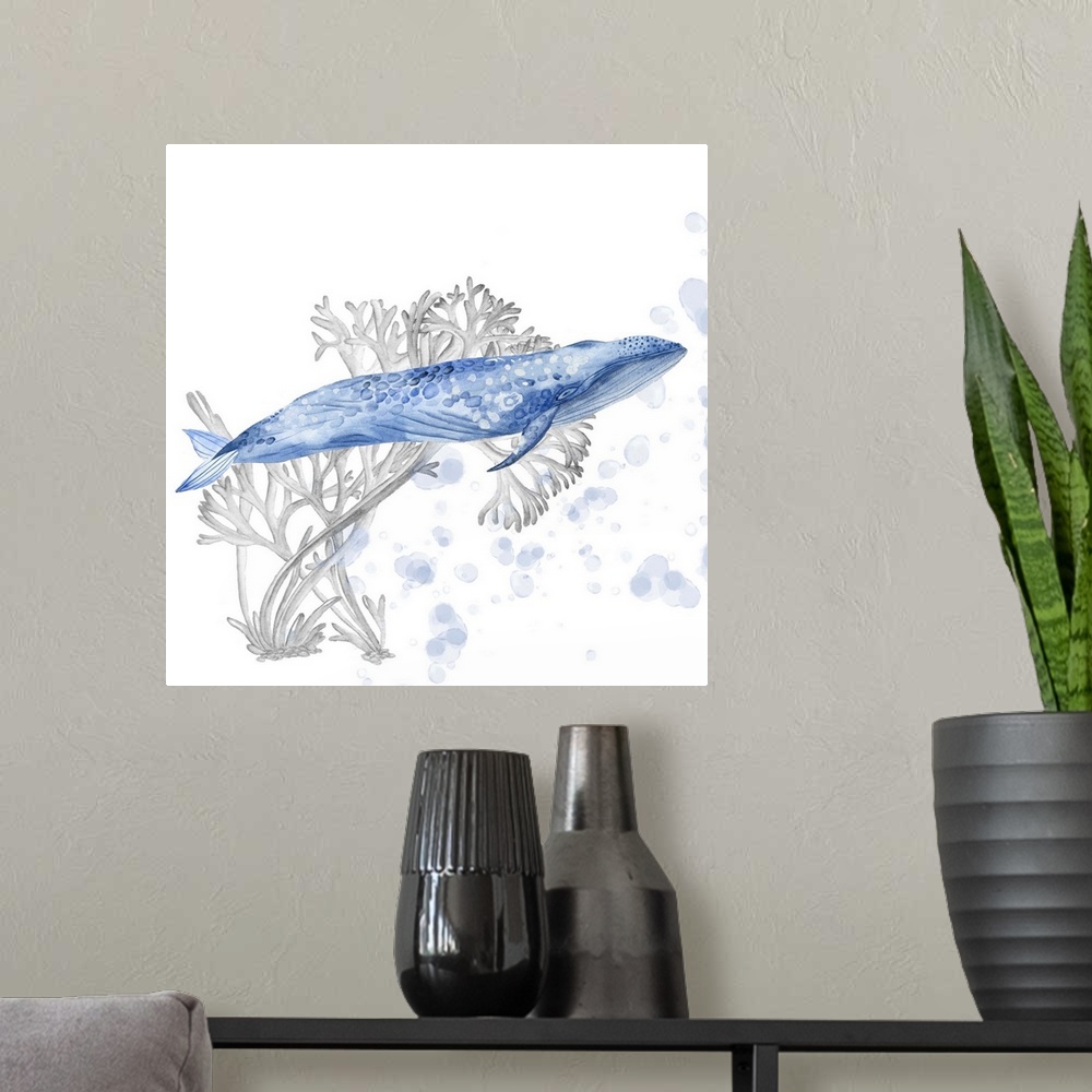 A modern room featuring A watercolor painting that features a serene whale swimming with flowing coral behind and soothin...
